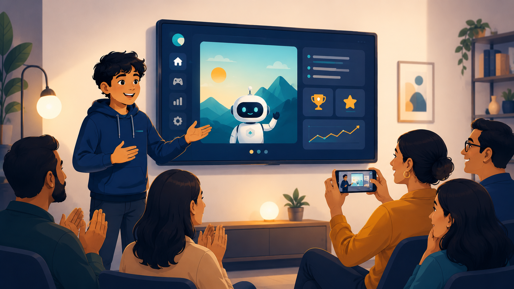 A child presenting their finished AI project on launch day
