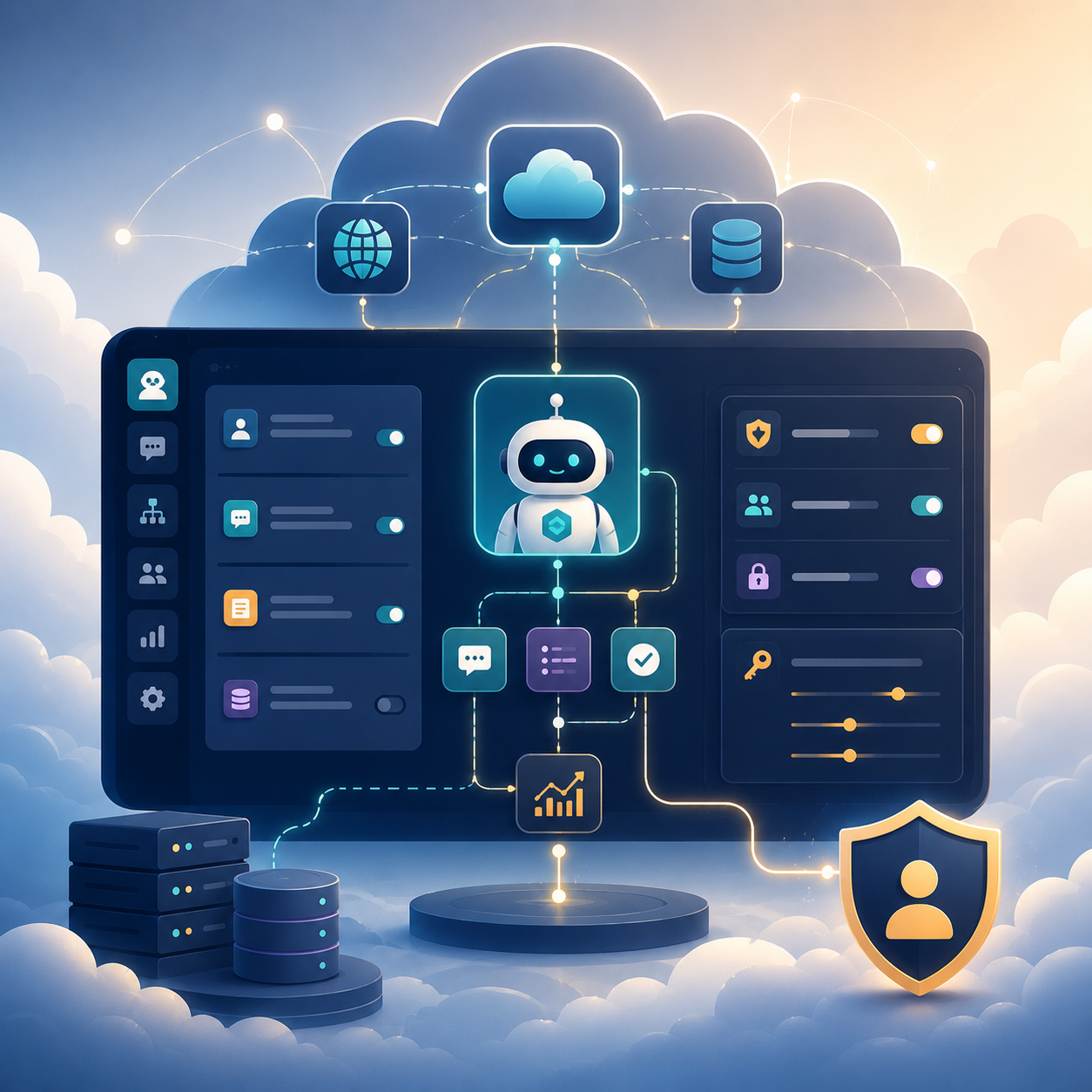 A cloud-hosted AI agent connected to data sources and security controls