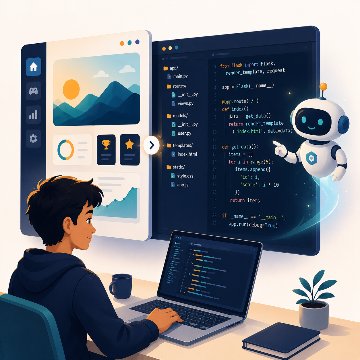 A student reading their own project code in an editor with an AI assistant